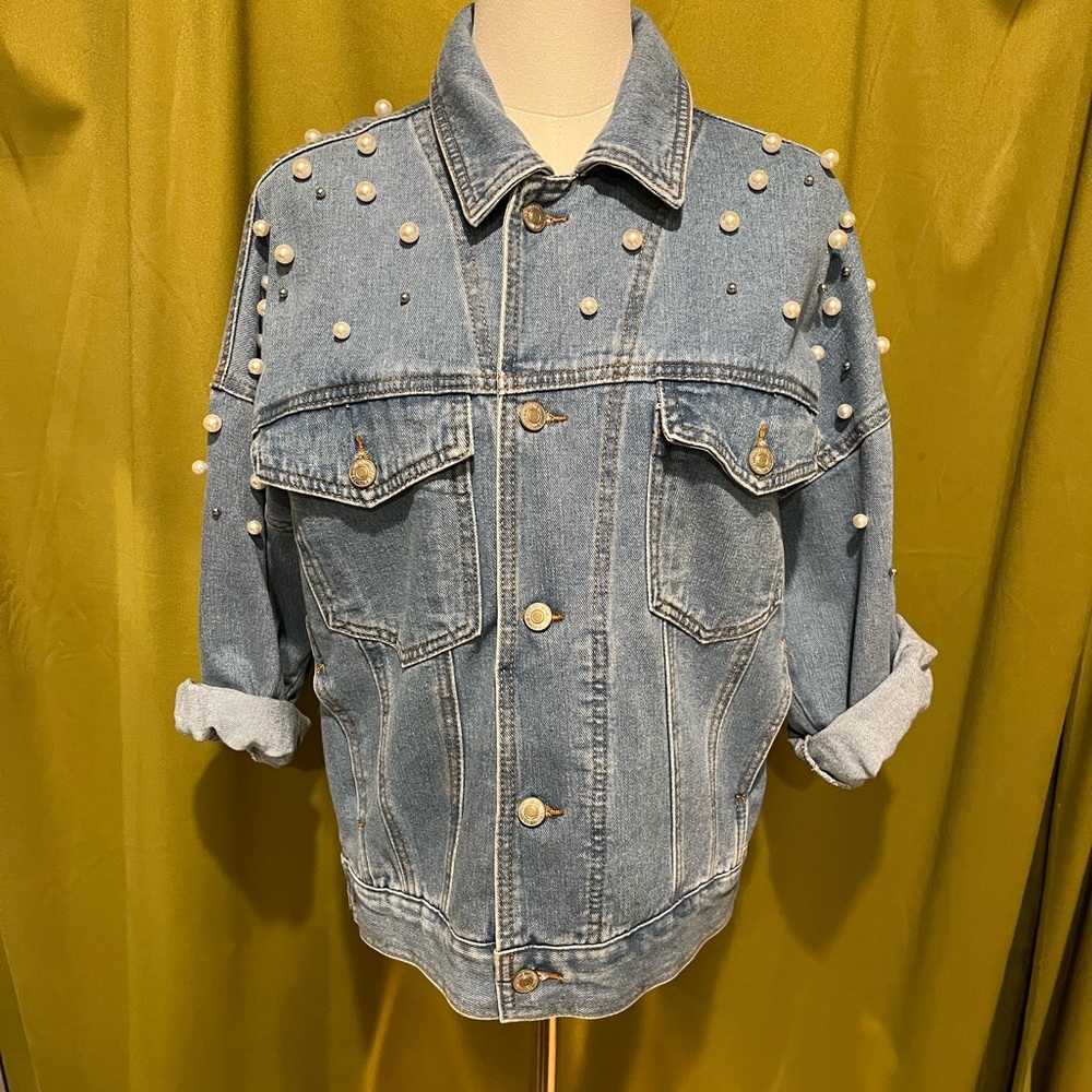Forever 21 Light Blue Denim Jacket with Pearl Studs